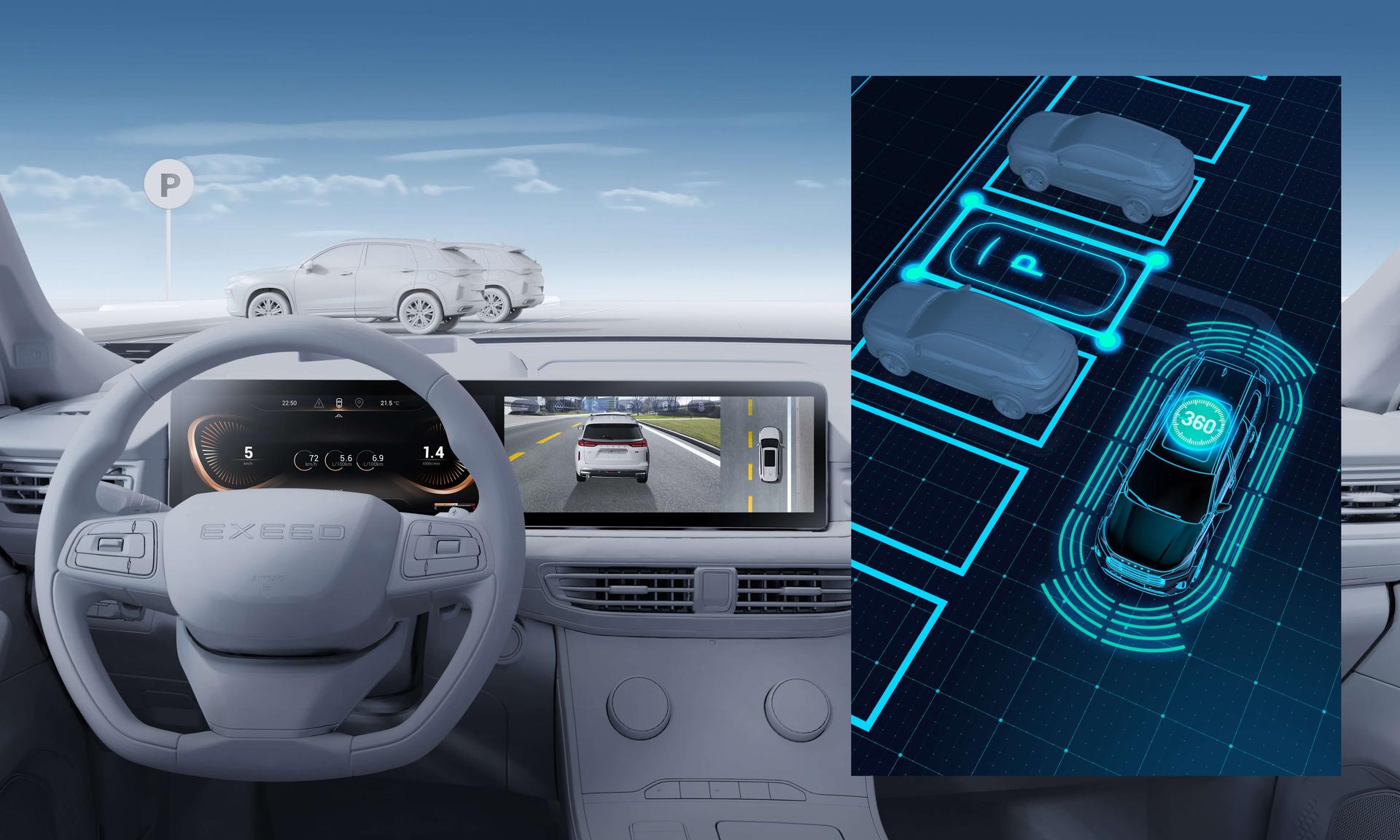 Exeed TXL interior photo showing 360 degree round view camera system