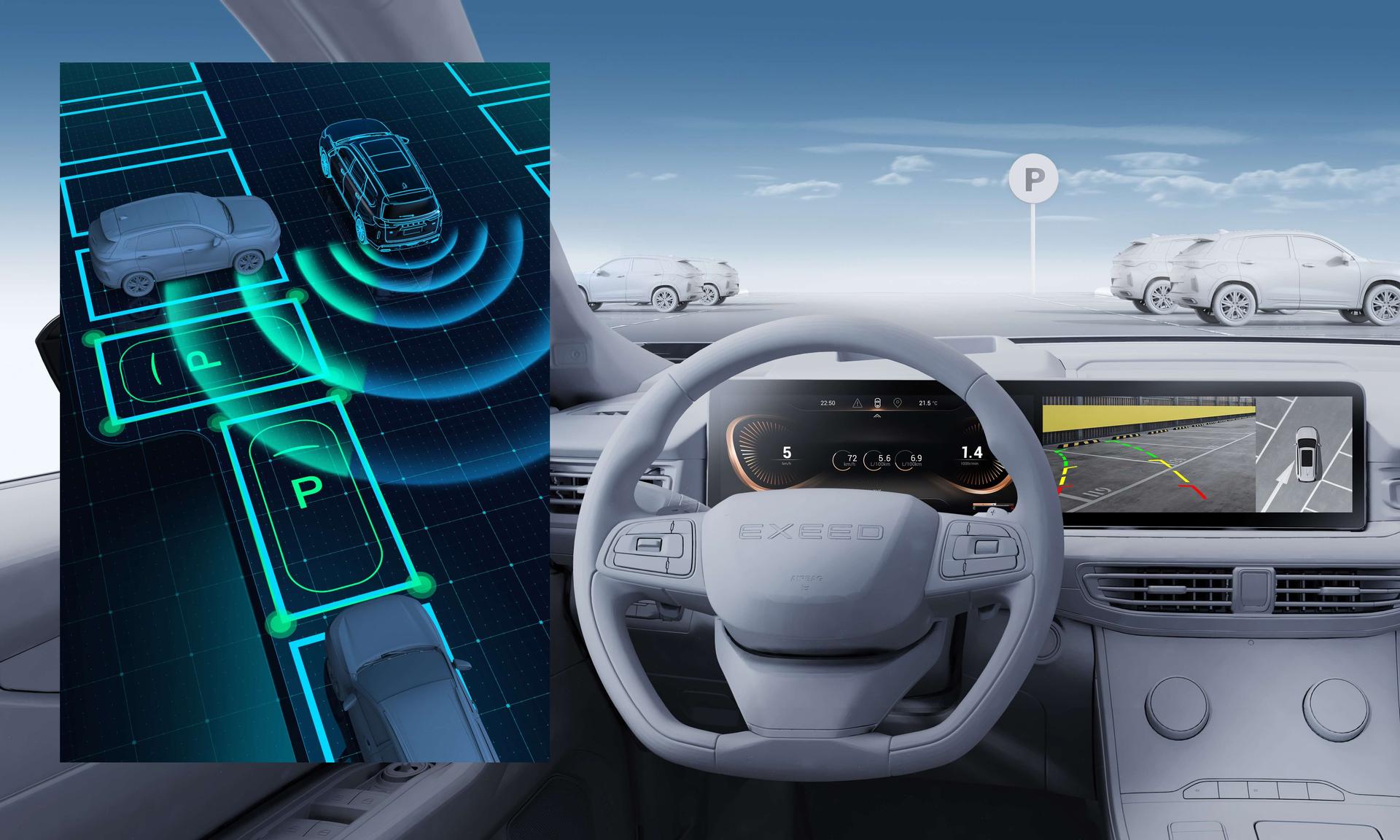 Exeed LX interior image showing front and rear parking sensor system